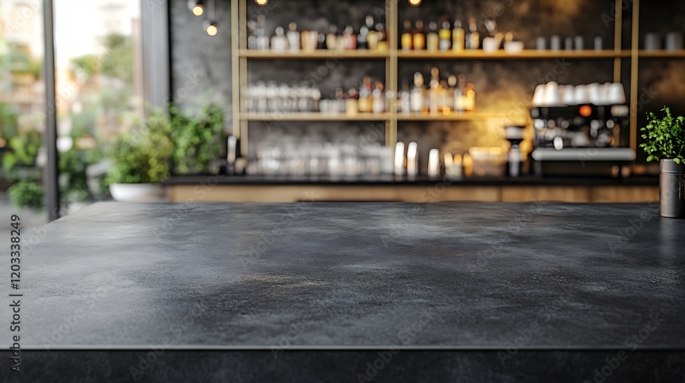 Sleek black concrete countertop positioned in a stylish bar setting ideal for product presentation The empty tabletop mockup contrasts with a softly blurred caf background enhancing focus on drinks Sleek black concrete countertop positioned in a stylish bar setting ideal for product presentation The empty tabletop mockup contrasts with a softly blurred caf background enhancing focus on drinks
