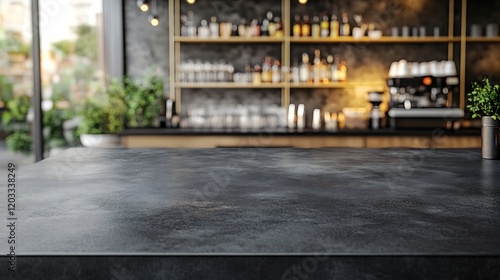 Wallpaper Mural Sleek black concrete countertop positioned in a stylish bar setting ideal for product presentation The empty tabletop mockup contrasts with a softly blurred caf background enhancing focus on drinks Torontodigital.ca