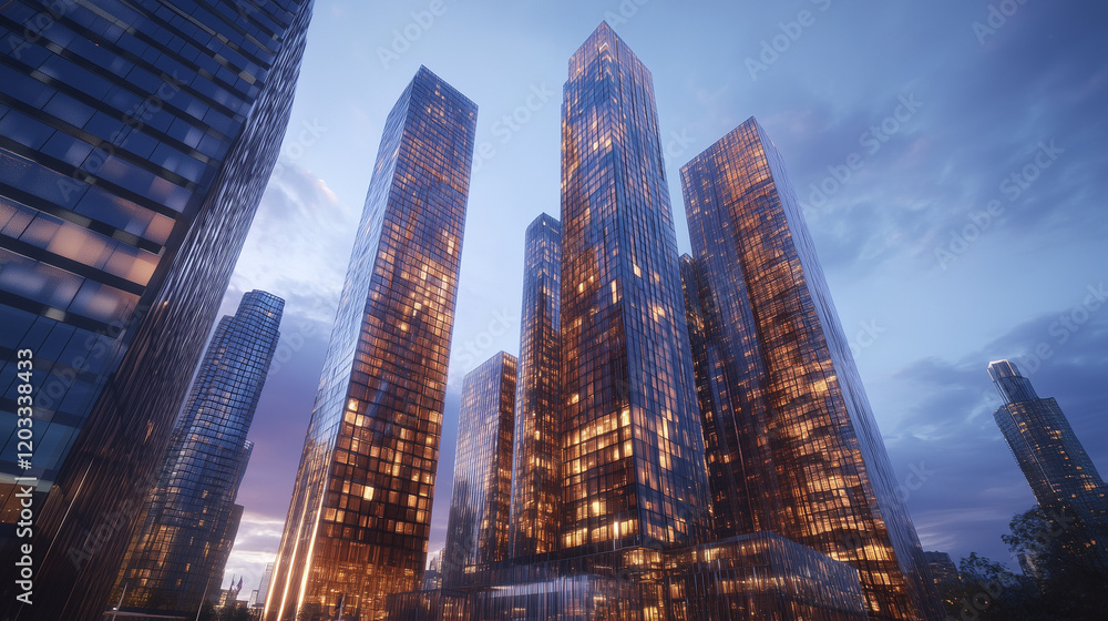 Obraz premium City Skyline at Blue Hour with Modern High-Rise Buildings