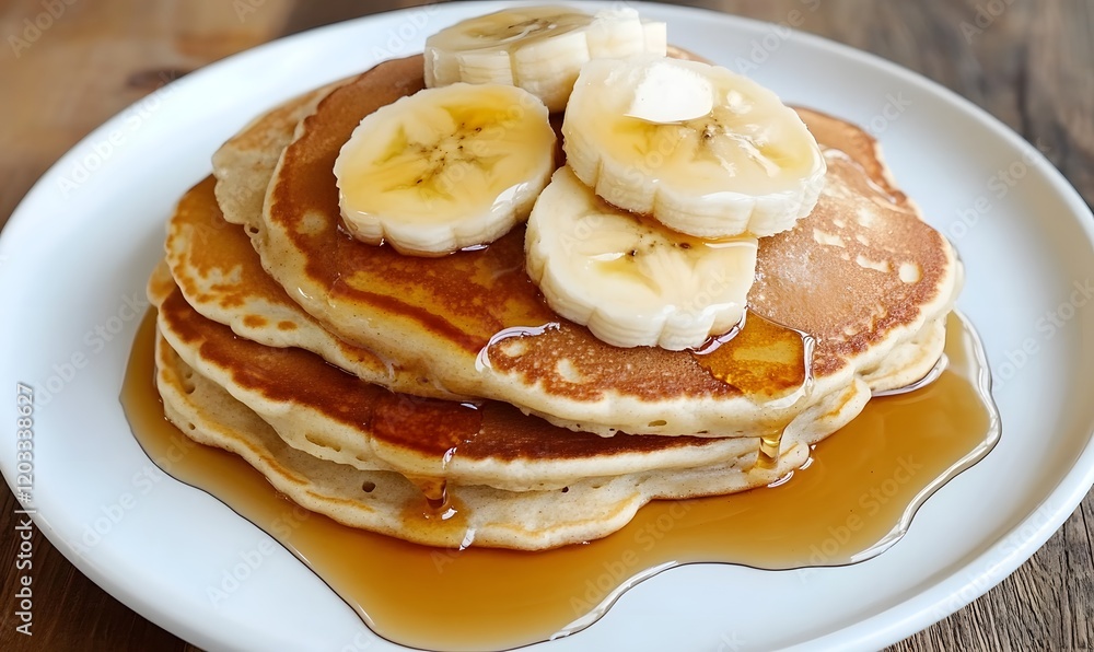 Stack of pancakes adorned with bananas and syrup, Generative AI Stack of pancakes adorned with bananas and syrup, Generative AI