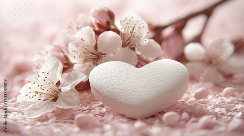 White heart with cherry blossoms on pink background