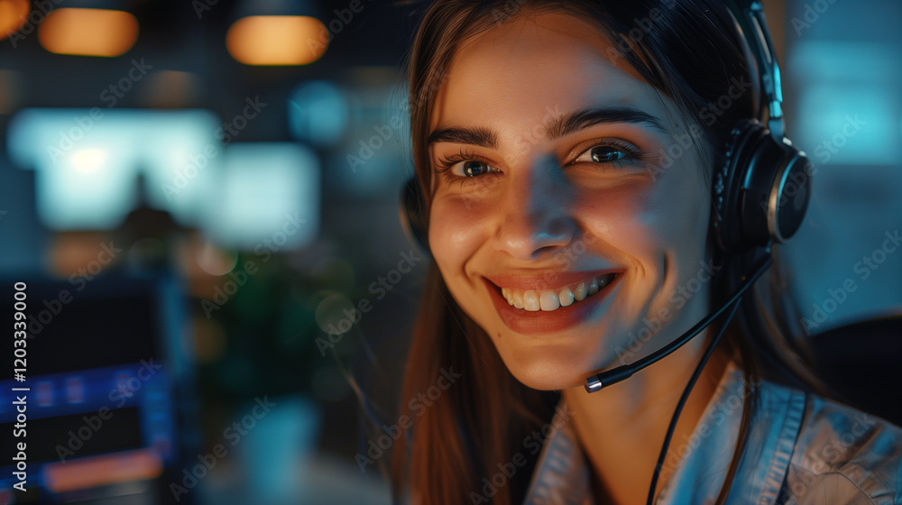 Smiling woman with headset in a modern workspace, conveying professionalism and positivity in a tech-driven environment Smiling woman with headset in a modern workspace, conveying professionalism and positivity in a tech-driven environment