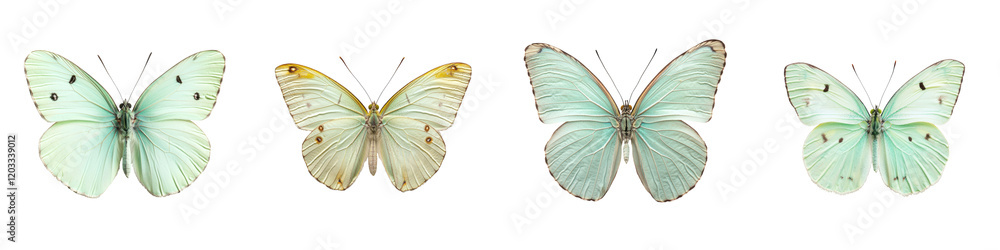Collection of beautiful delicate green and white butterflies in various poses captured in flight against a natural and lush environment Collection of beautiful delicate green and white butterflies in various poses captured in flight against a natural and lush environment