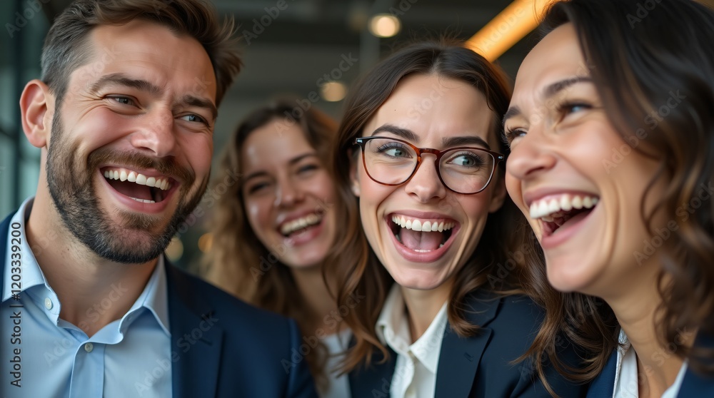 a lively group of four individuals, all sharing joyful expressions and laughter. Each person appears to be in a professional environment, likely a modern office setting with soft, blurred backgrounds a lively group of four individuals, all sharing joyful expressions and laughter. Each person appears to be in a professional environment, likely a modern office setting with soft, blurred backgrounds