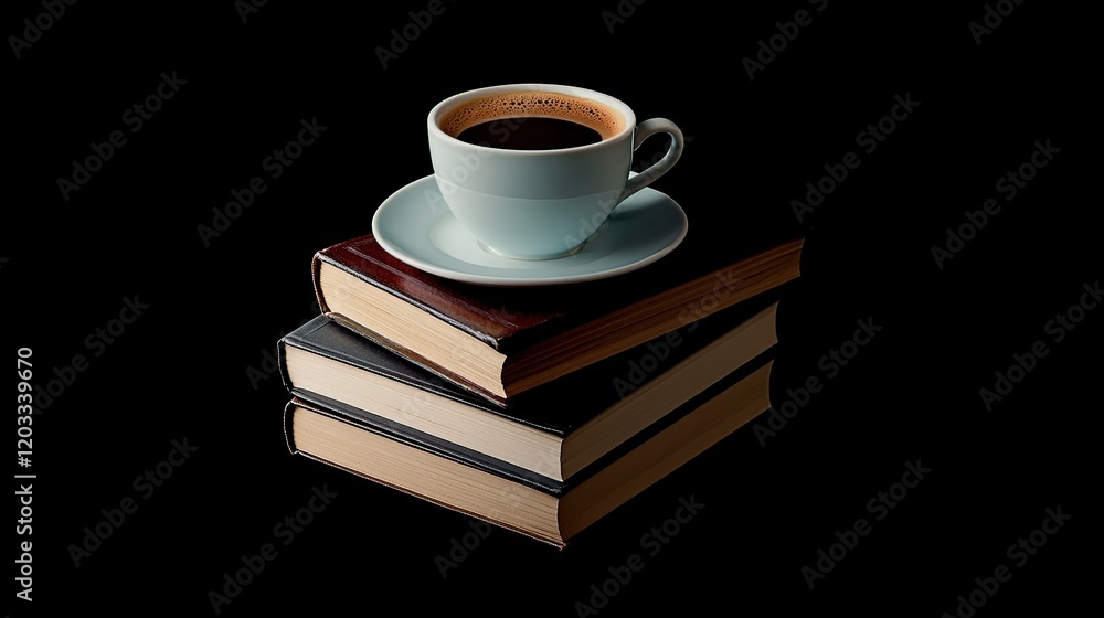 Coffee cup on a stack of books against black background. Coffee cup on a stack of books against black background.