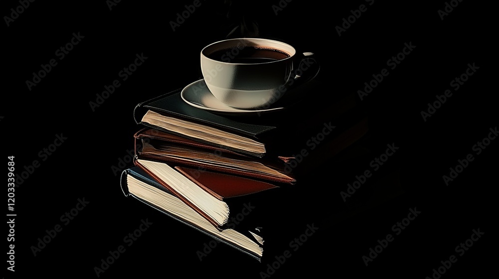 Coffee cup on a stack of books against a black background. Coffee cup on a stack of books against a black background.