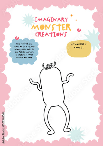 Flat Design Vector Drawing a Monster Funny Character. Fun Printable for Kids to Learn Drawing and Imagination. Perfect for Teachers, Students, and Homeschooling Activities in A4 Size.