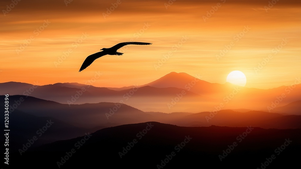 Naklejka premium A bird flying over a mountain range at sunset