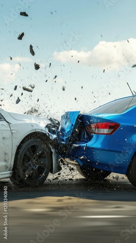 A white car being T-boned by a blue car, mid-impact, with glass shattering and realistic collision effects on a clean background.