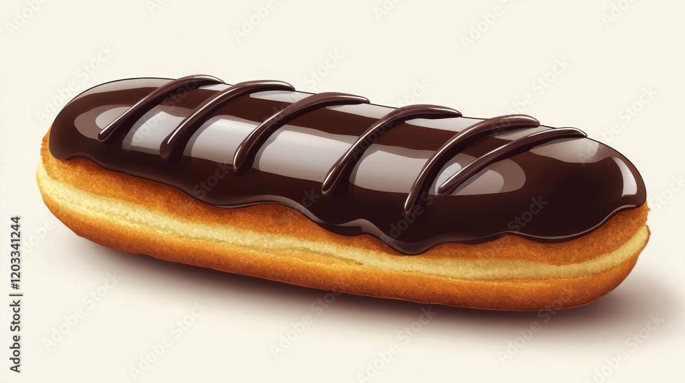 Delicious chocolate-covered eclair resting on a light background, perfect for dessert menus Delicious chocolate-covered eclair resting on a light background, perfect for dessert menus