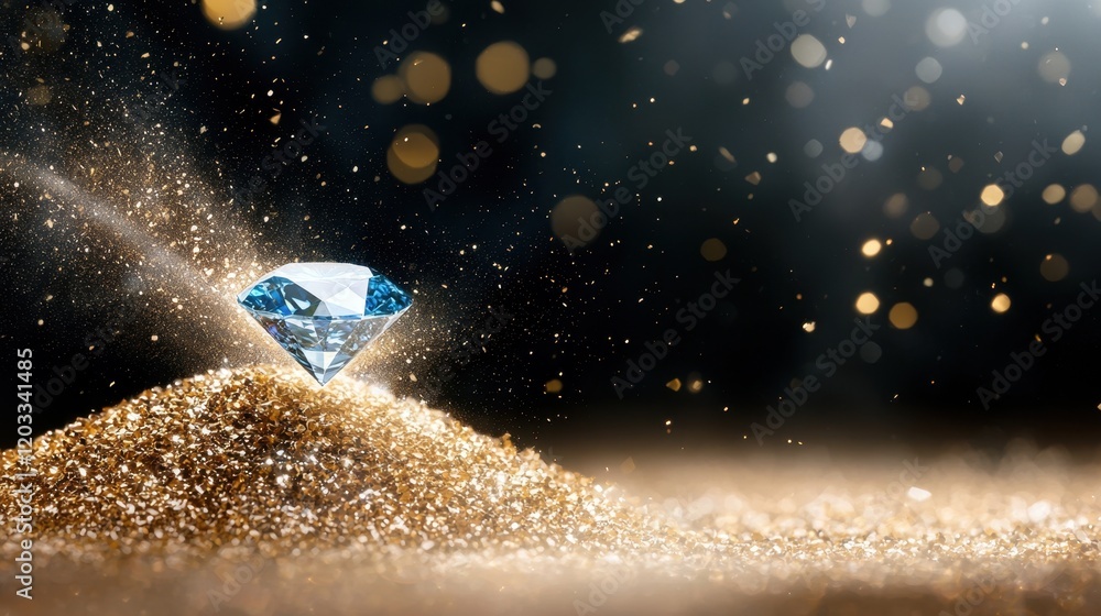 Fototapeta premium A blue diamond sitting on top of a pile of gold dust
