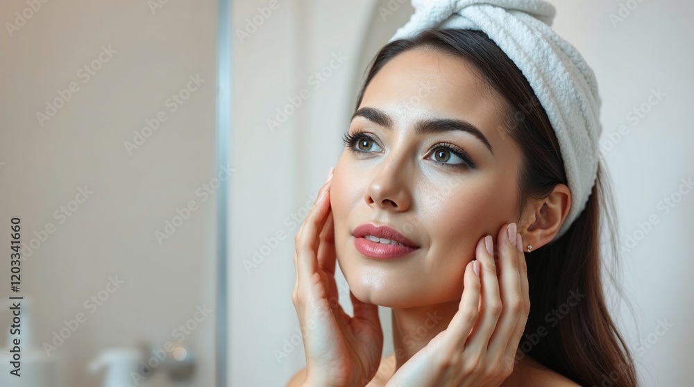 Portrait of a Young Woman Practicing Skincare Routine with Radiant Skin and a Relaxed Expression Portrait of a Young Woman Practicing Skincare Routine with Radiant Skin and a Relaxed Expression