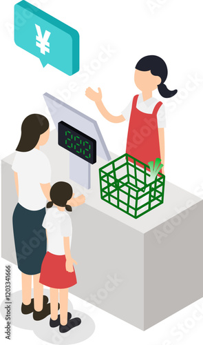 スーパーマーケットでの買い物客（子供連れ）と店員のレジ風景イラスト
