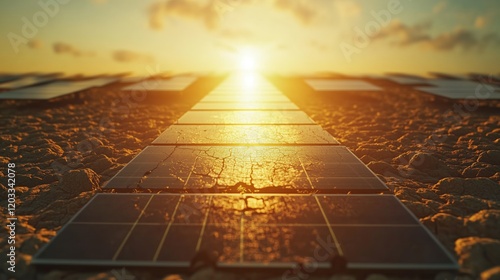 Solar panels on cracked ground highlighting renewable energy solutions in arid regions, perfect for sustainability and environmental innovation themes photo