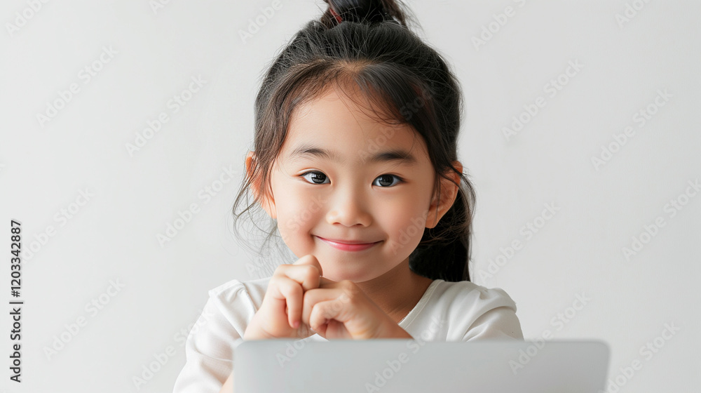 A cheerful young asian girl smiles while using a laptop, showcasing curiosity and engagement in learning A cheerful young asian girl smiles while using a laptop, showcasing curiosity and engagement in learning