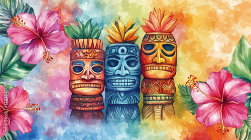 The image features a colorful, artistic depiction of three tiki masks with vibrant patterns and floral elements, set against a watercolor-style background photo