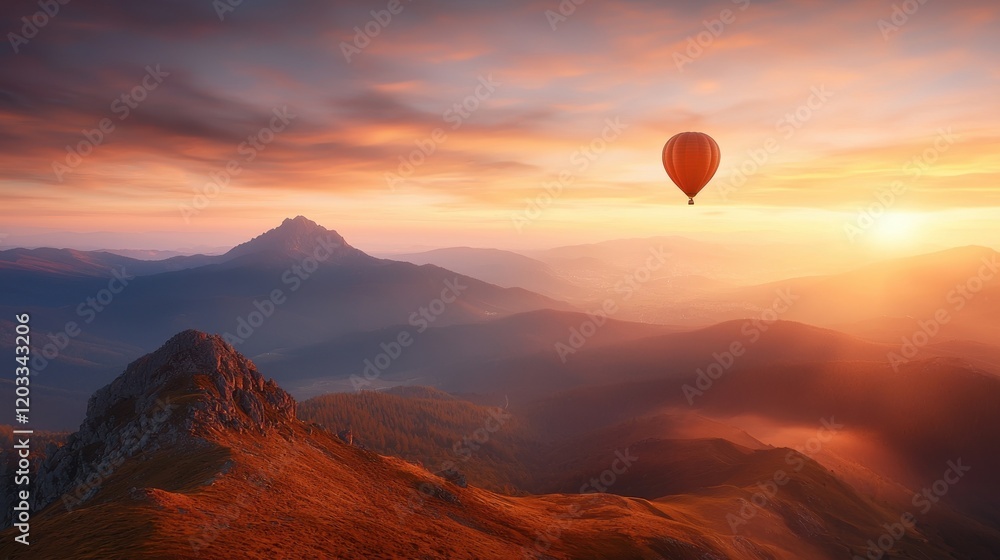 A hot air balloon flying over a mountain range at sunset A hot air balloon flying over a mountain range at sunset