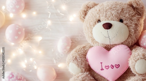 Adorable Teddy Bear with Heart-Shaped Pillow, Surrounded by Festive Lights and Pastel Ornaments
