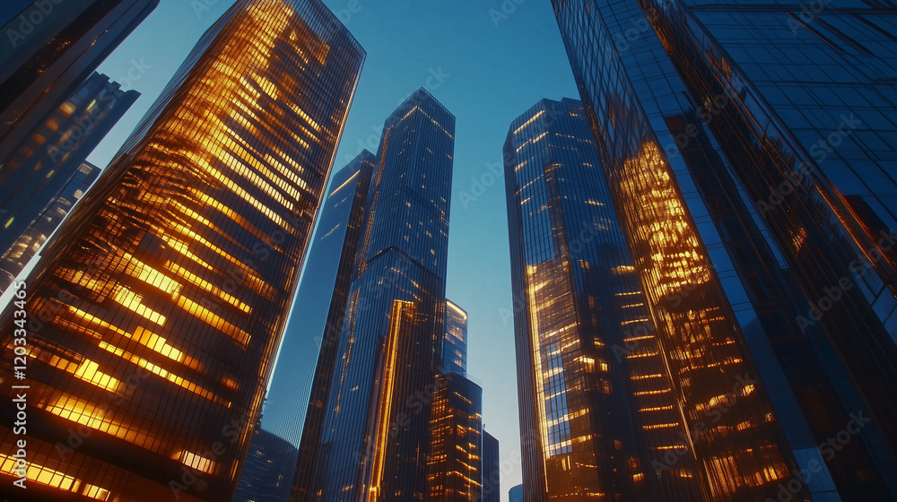 Obraz premium Night cityscape close-up of illuminated modern glass skyscrapers