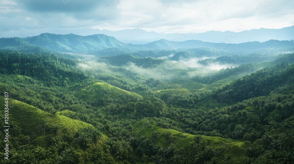 Borneo's landscape transformed into dense oil palm plantations, capturing the scale of monoculture farming and the loss of biodiversity Borneo's landscape transformed into dense oil palm plantations, capturing the scale of monoculture farming and the loss of biodiversity