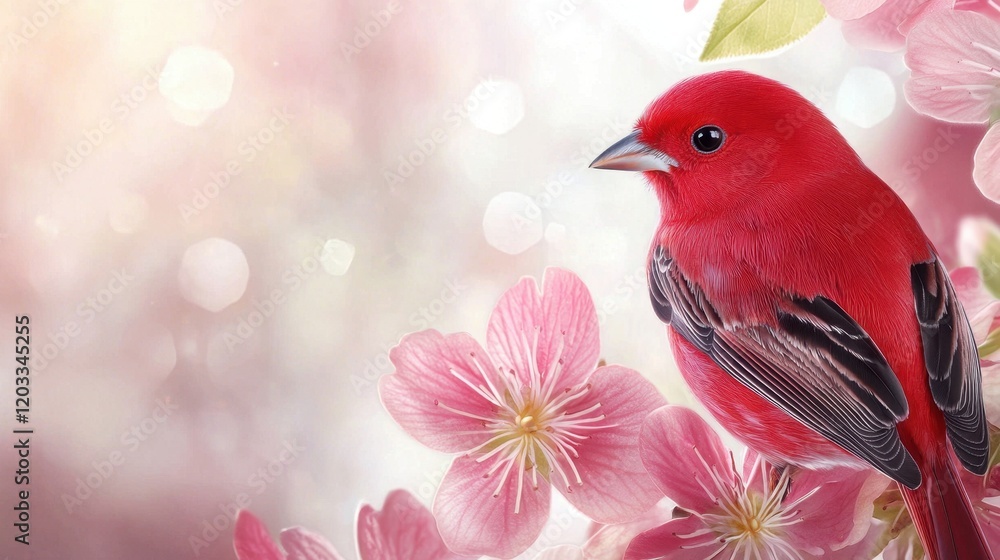 A red bird sitting on top of a pink flower A red bird sitting on top of a pink flower