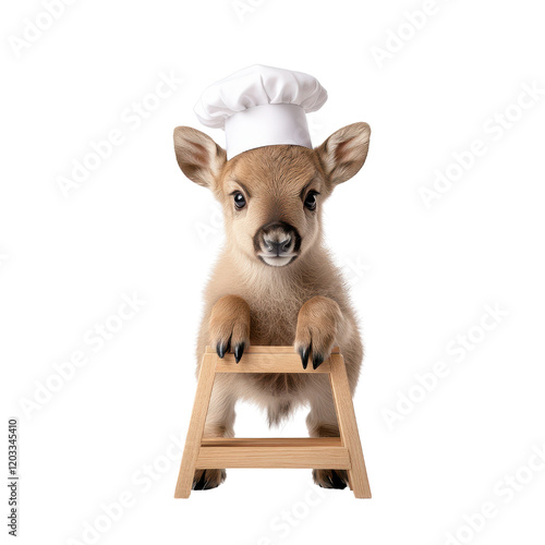 Goat wearing chef hat cooking concept culinary animal chef hat playful fun chef role play food preparation. photo