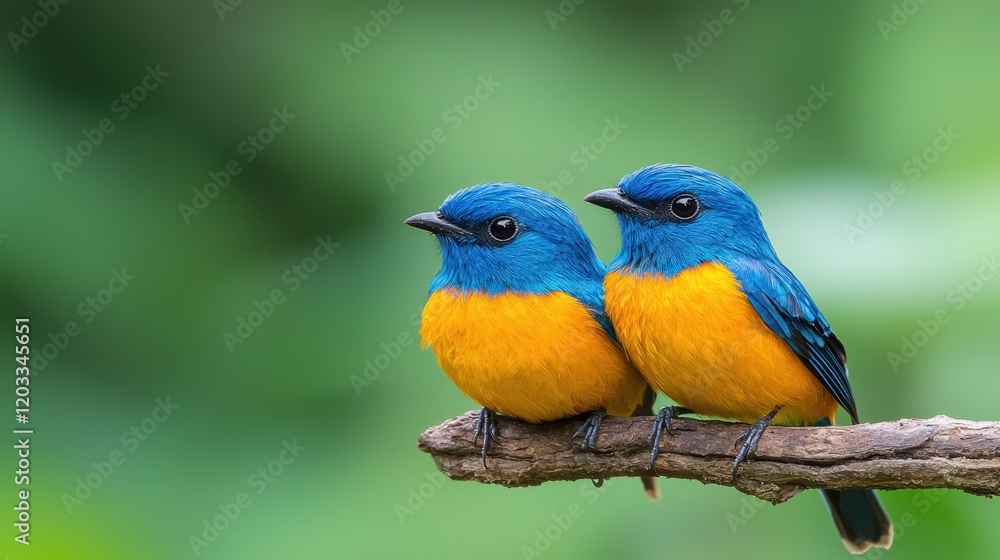 A couple of blue and yellow birds sitting on a branch A couple of blue and yellow birds sitting on a branch
