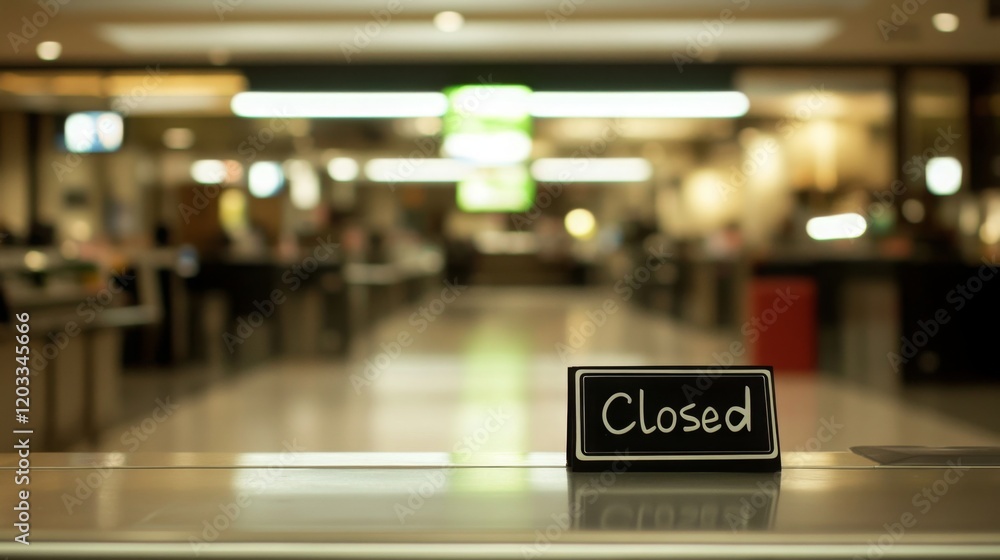 Closed airport counter with empty chairs and a sign indicating no flights available. A symbol of travel disruption and unexpected changes in plans. Closed airport counter with empty chairs and a sign indicating no flights available. A symbol of travel disruption and unexpected changes in plans.