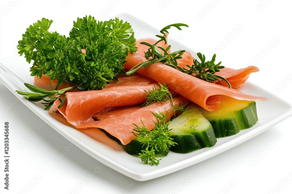 Fresh Sliced Meat with Cucumber Slices and Green Herbs on a White Plate for a Healthy Gourmet Presentation and Culinary Delight Fresh Sliced Meat with Cucumber Slices and Green Herbs on a White Plate for a Healthy Gourmet Presentation and Culinary Delight