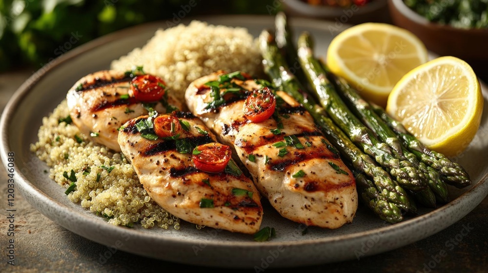 Grilled chicken breast with quinoa and asparagus, a healthy and delicious meal Grilled chicken breast with quinoa and asparagus, a healthy and delicious meal