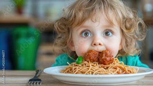 A little girl eating spaghetti and meatballs on a plate