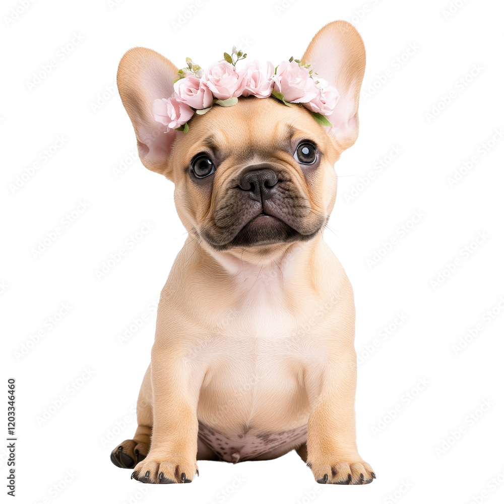 Small dog wearing flower crown on head cute pet portrait in nature adorable canine with floral accessory. Small dog wearing flower crown on head cute pet portrait in nature adorable canine with floral accessory.
