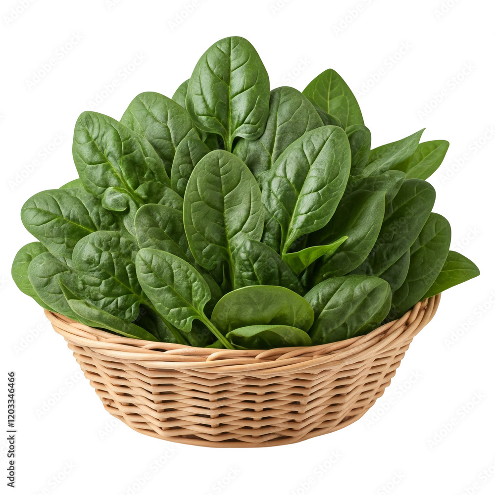 Natural Woven Basket Holding Tender Baby Spinach Isolated on White Background Natural Woven Basket Holding Tender Baby Spinach Isolated on White Background