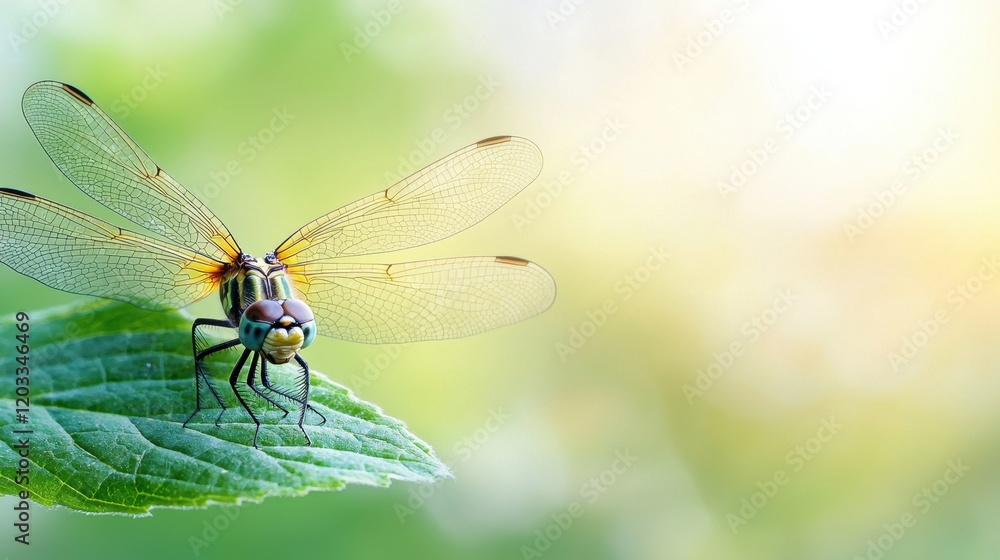 A dragonfly sitting on top of a green leaf A dragonfly sitting on top of a green leaf