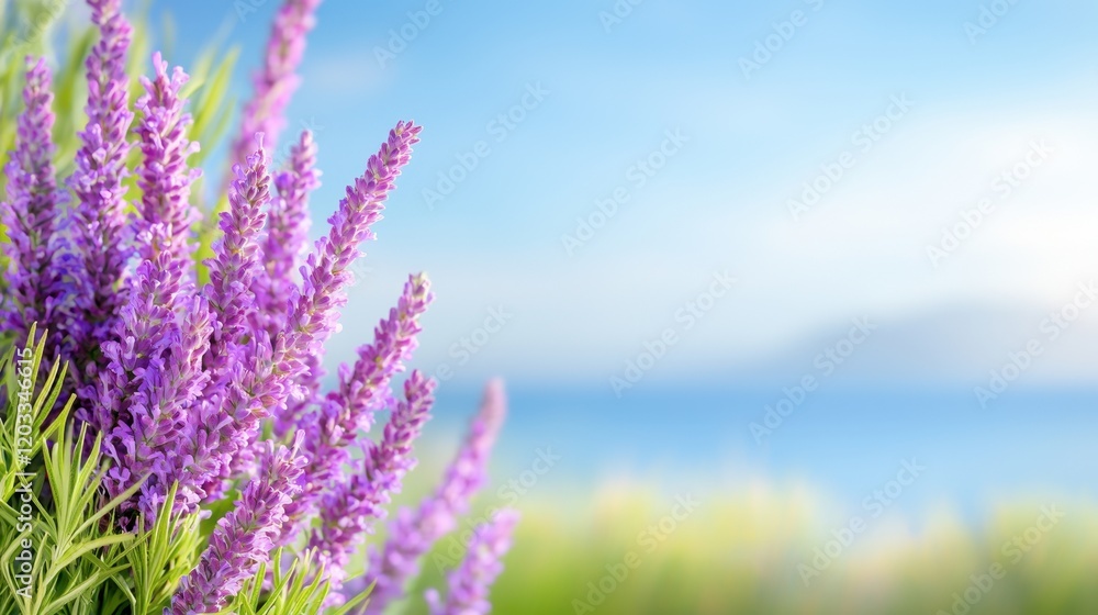 A bunch of purple flowers with a blue sky in the background A bunch of purple flowers with a blue sky in the background
