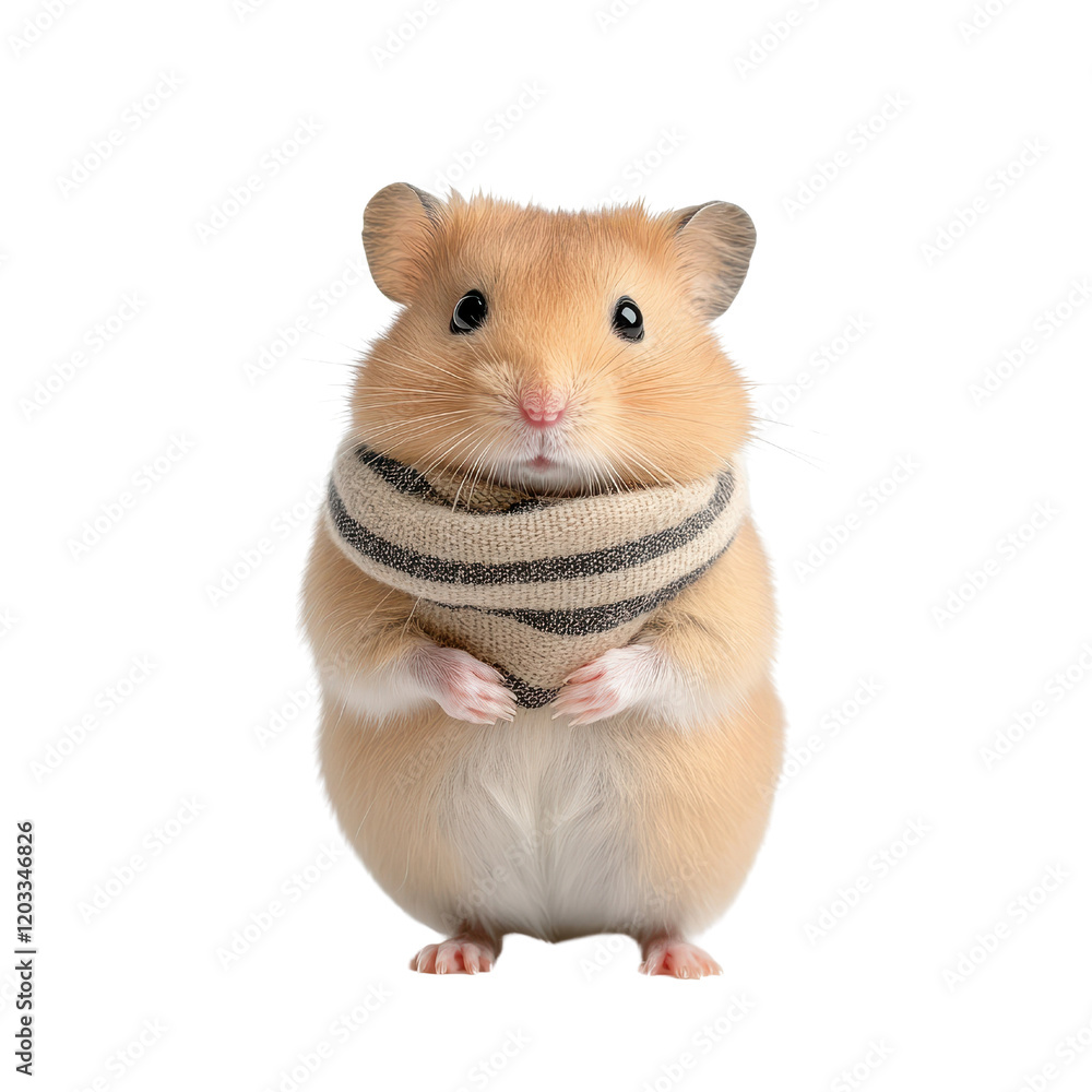 Hamster with colorful scarf around its neck posing on wooden surface in bright natural light cute pet portrait. Hamster with colorful scarf around its neck posing on wooden surface in bright natural light cute pet portrait.