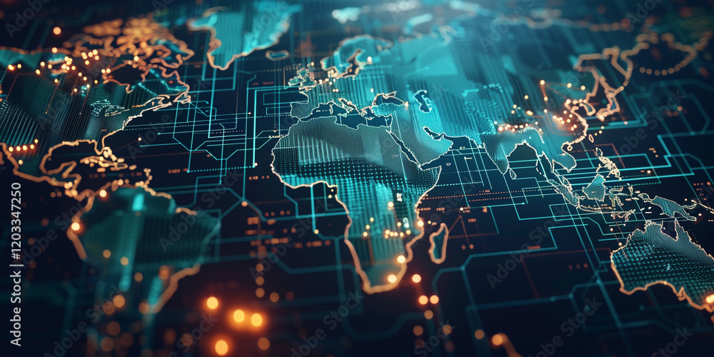 A detailed digital map with glowing lines and nodes, representing a high-tech approach to global geography and data flow A detailed digital map with glowing lines and nodes, representing a high-tech approach to global geography and data flow