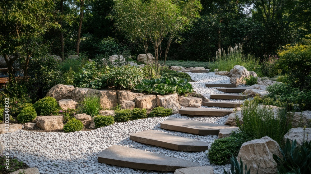 Beautifully arranged layers of stones, alternating in size and texture, creating a visually calming composition.
