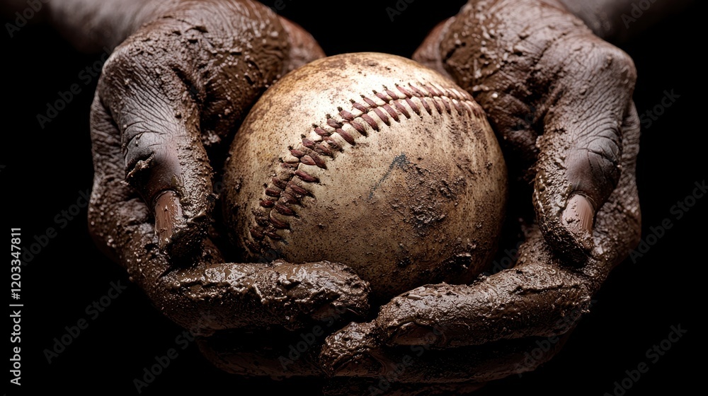 A baseball in the hands of a baseball player covered in mud A baseball in the hands of a baseball player covered in mud