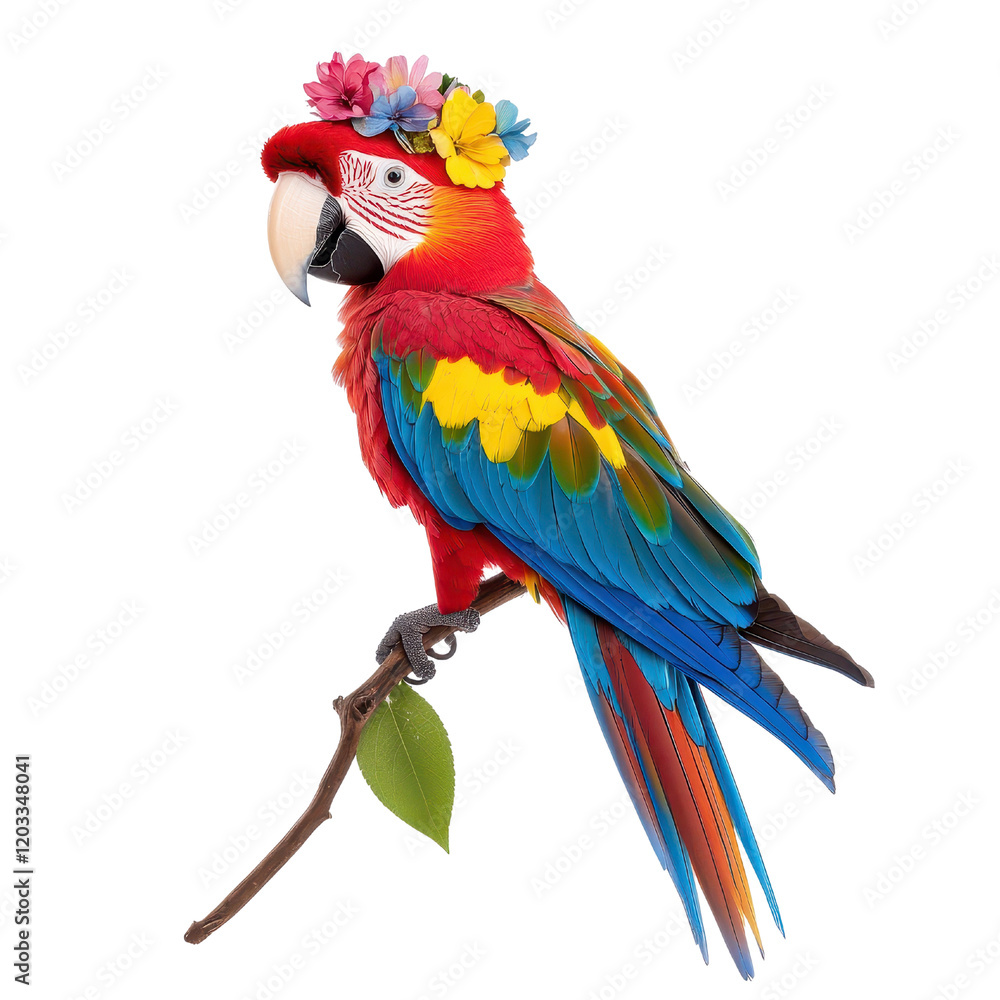 Fototapeta premium Colorful parrot perched on a branch in a tropical environment displaying vibrant feathers and exotic wildlife beauty.