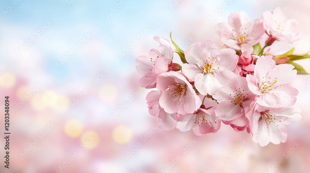 Fototapeta premium A bunch of pink flowers on a branch with a blue sky in the background