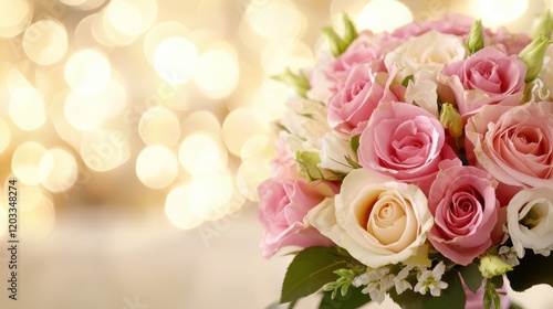 A bouquet of pink and white roses in a vase on a table
