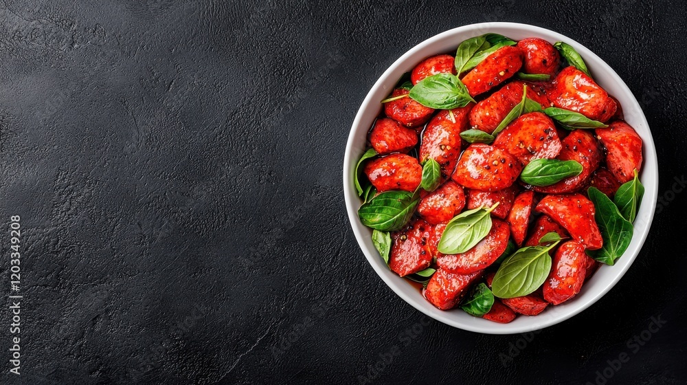 A bowl of sliced strawberries with basil leaves on a black surface A bowl of sliced strawberries with basil leaves on a black surface