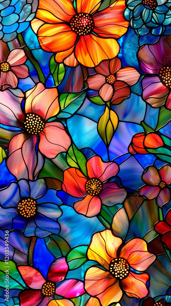 Naklejka premium Stunning stained glass floral design with vibrant colors, perfect for adding elegance and beauty to any space