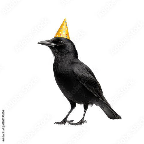 Black bird wearing colorful party hat celebrating birthday with joyful expression in festive atmosphere 120 chars.