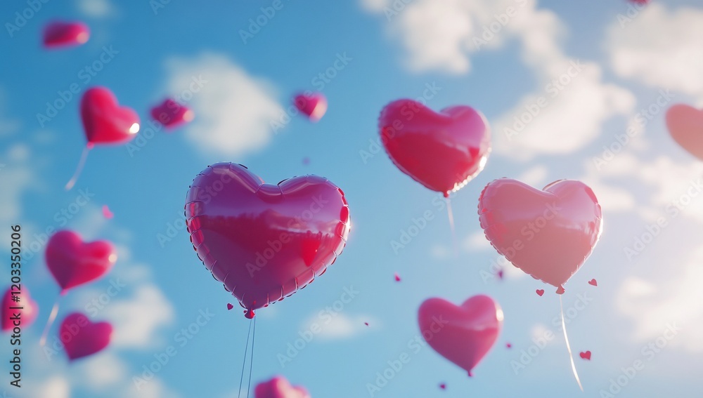 Red heart balloons floating on a sunny sky. Red heart balloons floating on a sunny sky.