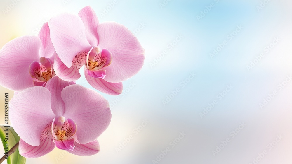 A close up of two pink orchids on a blue and white background A close up of two pink orchids on a blue and white background