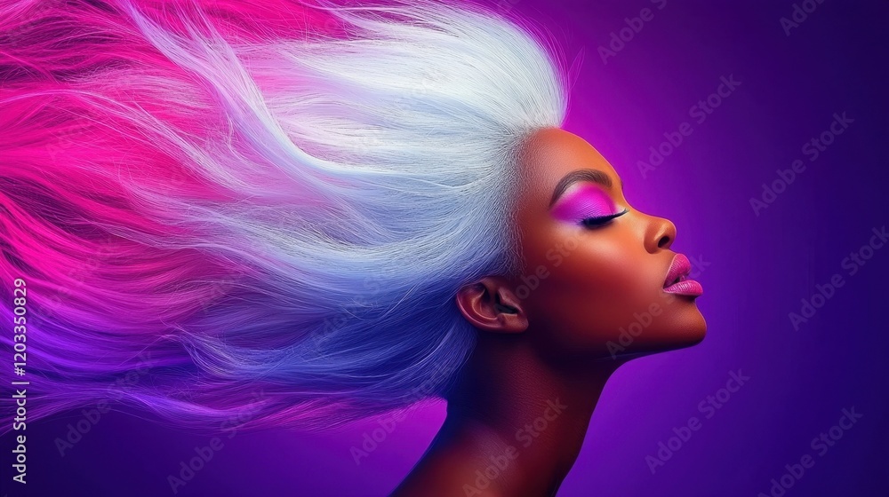 A woman with pink and blue hair blowing in the wind A woman with pink and blue hair blowing in the wind