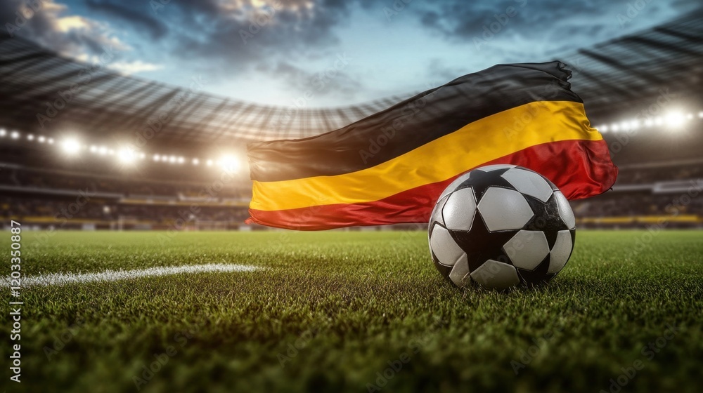 Fototapeta premium The German flag flowing dynamically above a football field, symbolizing the determination and pride of the Germany soccer team