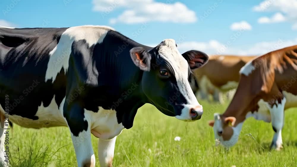 Serene Cow Animation in a Green Field with Grazing Cows and Blue Sky Background Serene Cow Animation in a Green Field with Grazing Cows and Blue Sky Background